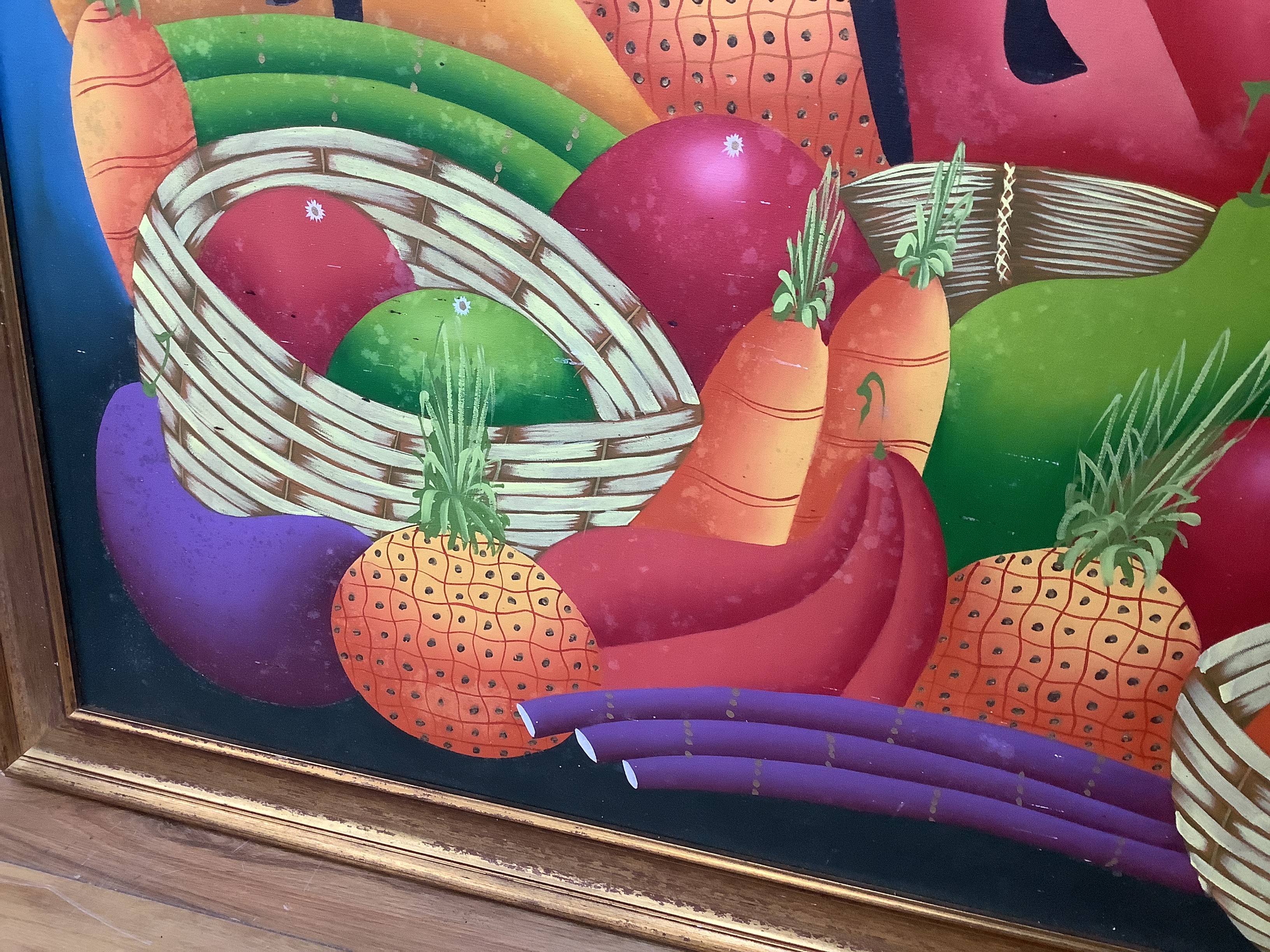 Claude Florestin (Haitian, 20th. C), large oil on canvas, Figures and fruit, signed, 98 x 150cm